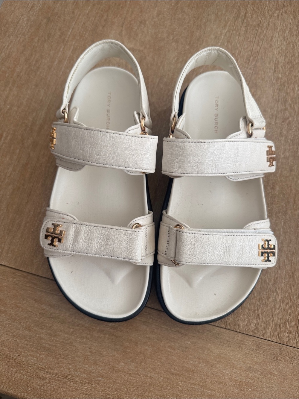 Tory Burch Women’s Cream Leather Double-Strap Sandals with Gold Logo